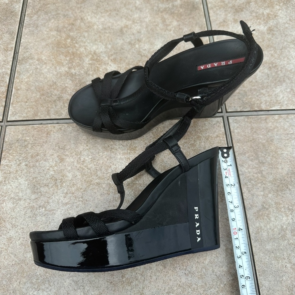 Prada  Black Woman's Lacquere Platform Wedges Italy Shoes Sandals Size 36,5 - Picture 6 of 15